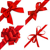 Set of decorative red bows with diagonally red ribbon on the corner isolated on white. Holiday design elements.