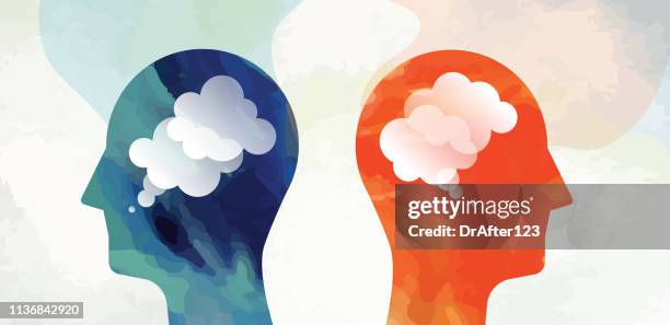 two heads and communication problem concept - bad decision stock illustrations