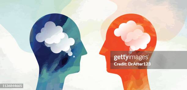 two heads facing communication concept - bonding stock illustrations