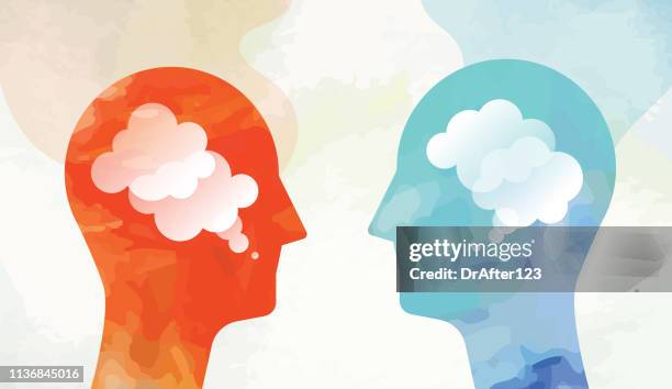 two heads facing successful communication concept - debate stock illustrations