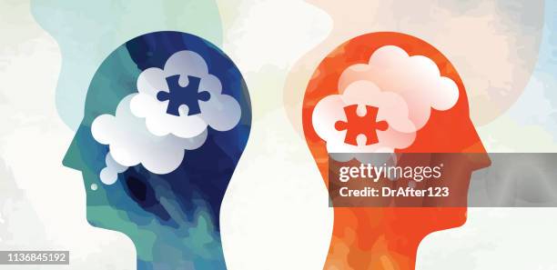 two heads puzzle communication problem concept - business solutions silhouette stock illustrations