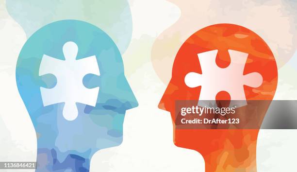 two heads with puzzle facing solution concept - simulates stock illustrations