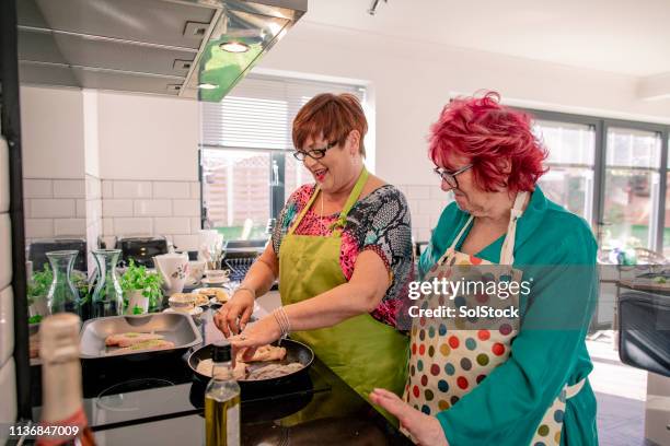 two women preparing a chicken dinner - eccentric hobby stock pictures, royalty-free photos & images