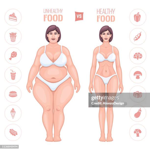 weight loss concept. fat and thin female body - fat loss stock illustrations