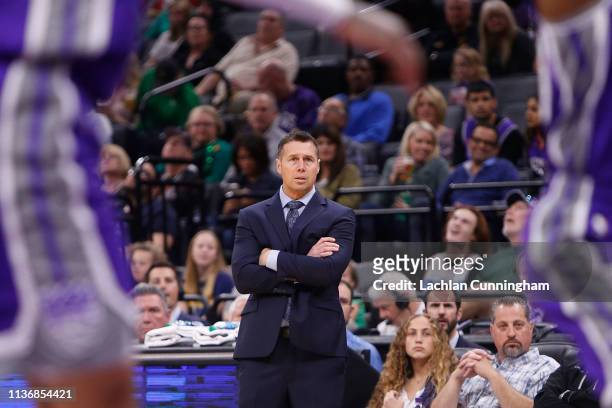 David Joerger head coach of the Sacramento Kings looks on during the game against the Chicago Bulls at Golden 1 Center on March 17, 2019 in...