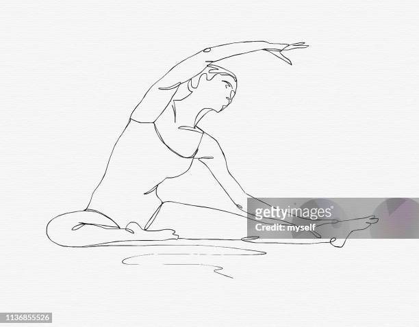 illustration. continuous line ink drawing. sport woman engaged in yoga on white background - single line drawing woman stock pictures, royalty-free photos & images