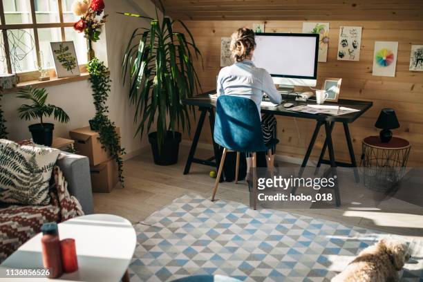 businesswoman working in creative office - freelance work stock pictures, royalty-free photos & images