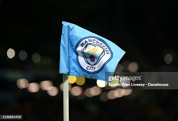 Manchester City corner flag is seen during the UEFA Champions League Round of 16 Second Leg match between Manchester City v FC Schalke 04 at Etihad...