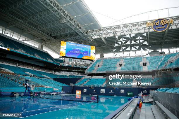 Rain soaked court is seen on Day 2 of the Miami Open Presented by Itau on March 19, 2019 in Miami Gardens, Florida.