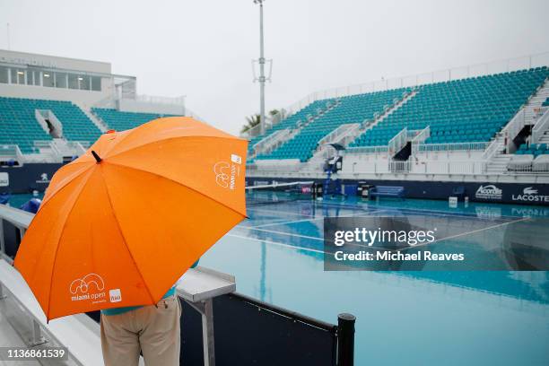 Rain soaked court is seen on Day 2 of the Miami Open Presented by Itau on March 19, 2019 in Miami Gardens, Florida.