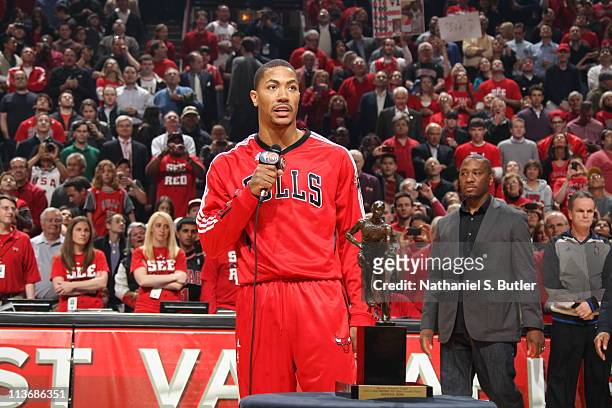 Derrick Rose of the Chicago Bulls addresses the crowd prior to Game Two of the Eastern Conference Semifinals between the Atlanta Hawks and the...
