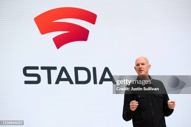 Google vice president and general manager Phil Harrison speaks during the GDC Game Developers Conference on March 19, 2019 in San Francisco,...