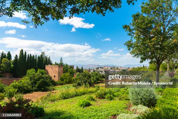 alcazaba of alhambra from generalife, granada, spain - alcazaba von alhambra stock-fotos und bilder