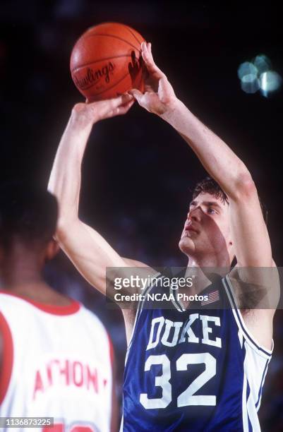 Duke University forward Christian Laettner shoots a free throw during the NCAA Photos via Getty Images National Basketball Championship semifinal...