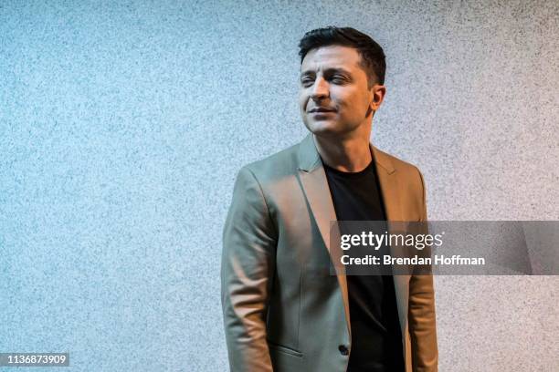 Ukrainian presidential candidate Volodymyr Zelenskiy gives an interview before hosting his television comedy show Liga Smeha on March 19, 2019 in...