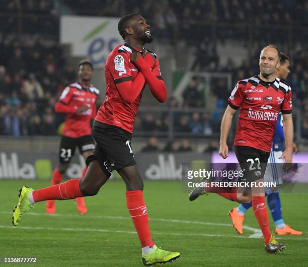 Guingamp's French forward Marcus Thuram celebrates after scoring during the French L1 football match between Racing Club Strasbourg Alsace and En...