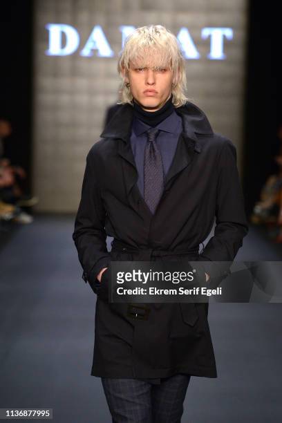 Model walks the runway at the Damat show during Mercedes-Benz Istanbul Fashion Week at the Zorlu Performance Hall on March 19, 2019 in Istanbul,...