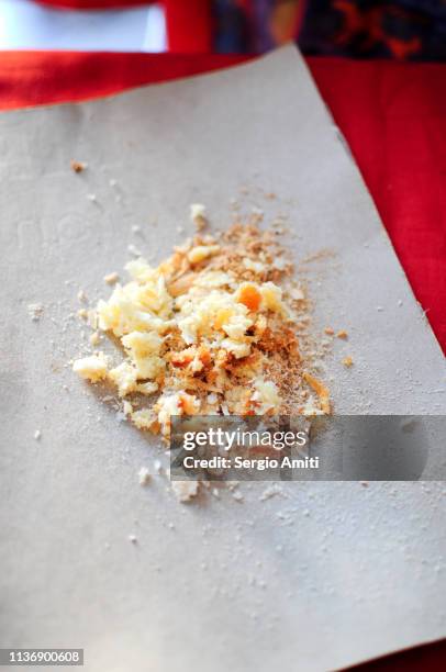 bread crumbs on a piece of paper - breadcrumbs stock pictures, royalty-free photos & images