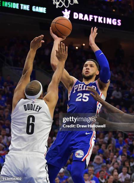Ben Simmons of the Philadelphia 76ers puts up a shot over Jared Dudley of the Brooklyn Nets in the second half during Game One of the first round of...