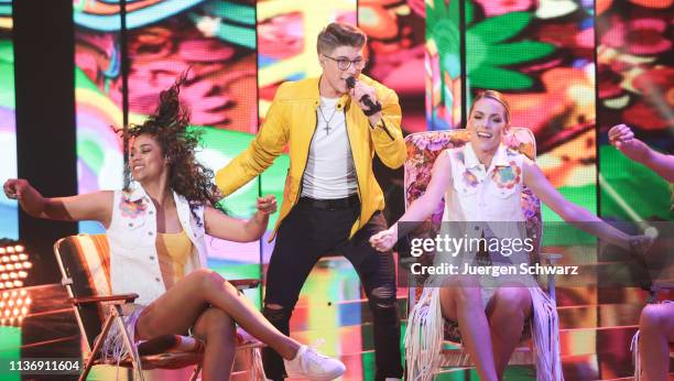 Davin Herbrueggen performs during the second event show of the tv competition "Deutschland sucht den Superstar" at Coloneum on April 13, 2019 in...