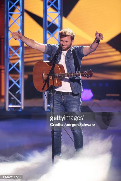 Nick Ferretti performs during the second event show of the tv competition "Deutschland sucht den Superstar" at Coloneum on April 13, 2019 in Cologne,...