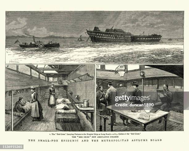 pox epidemie, krankenhausschiffe transportieren patienten nach long reach, 1884 - pocken stock-grafiken, -clipart, -cartoons und -symbole