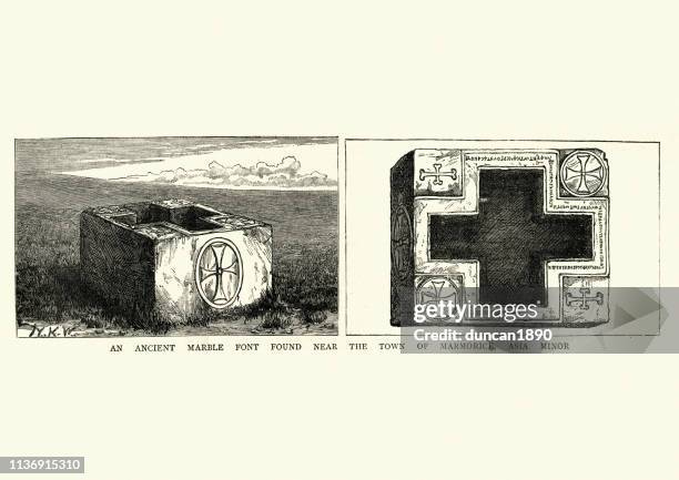 marble font found near marmorice, 19th century - baptismal font stock illustrations