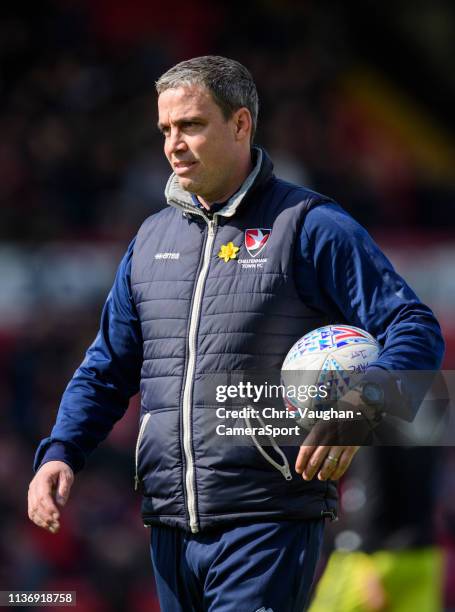 Cheltenham Town manager Michael Duff during the pre-match warm-up prior to the Sky Bet League Two match between Lincoln City and Cheltenham Town at...