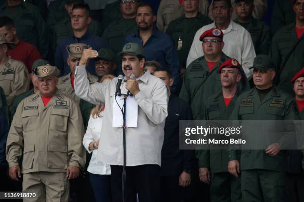 Venezuela's President Nicolas Maduro speaks during a military parade to commemorate the Day of the Bolivarian Militias, the Armed People and the...