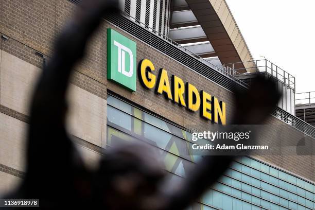 View of TD Garden through the Bobby Orr statue before Game Two of the Eastern Conference First Round between the Boston Bruins and the Toronto Maple...