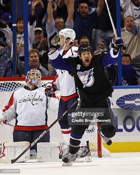 Steve Downie of the Tampa Bay Lightning celebrates the game winning goal by Marc-Andre Bergeron at 5:07 of the third period against the Washington...