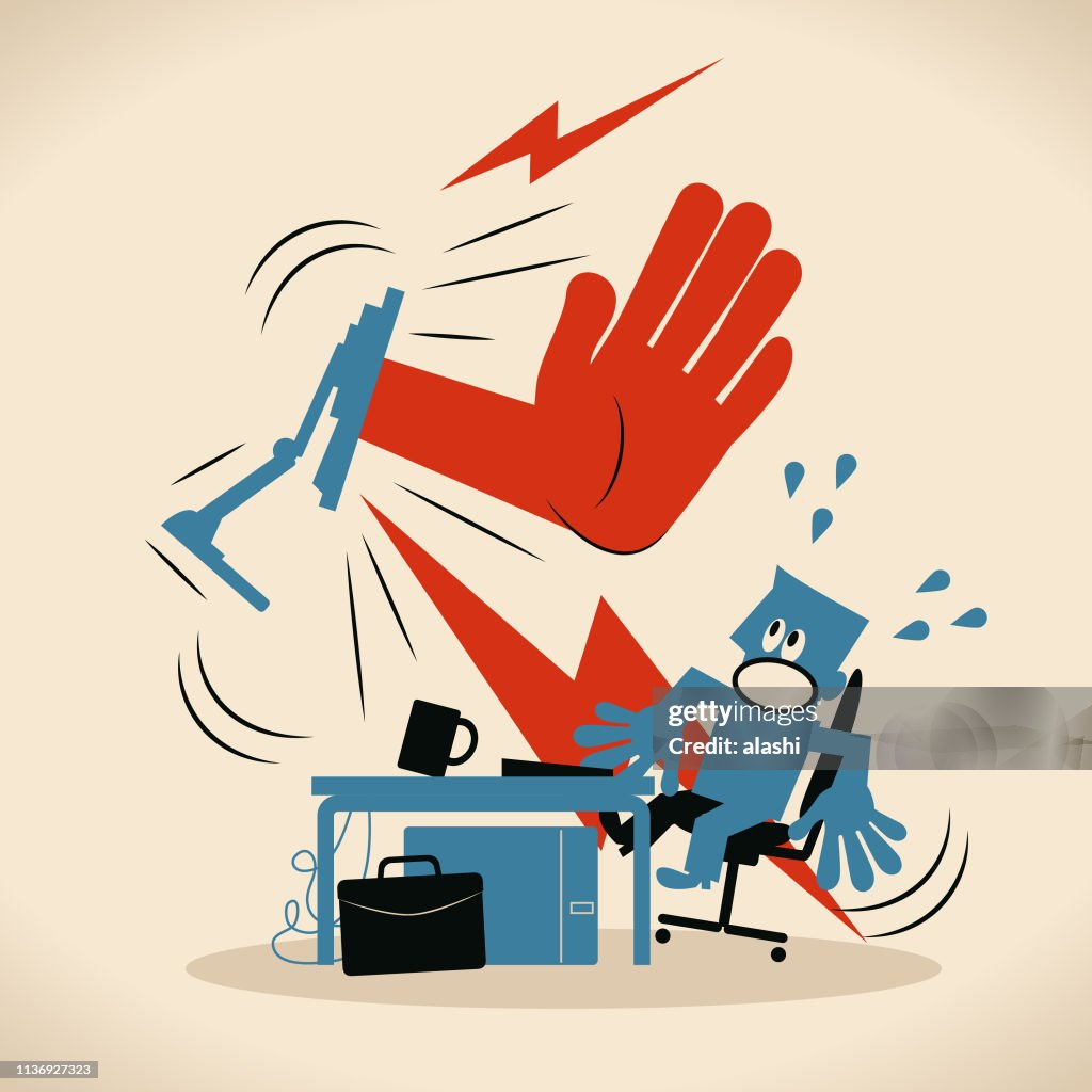 Big Hand Showing Stop Gesture To Businessman Who Using Computer At Desk ...