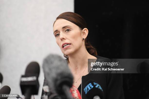 New Zealand Prime Minister Jacinda Ardern speaks to the media during a press conference at the Justice and Emergency Services precinct on March 20,...