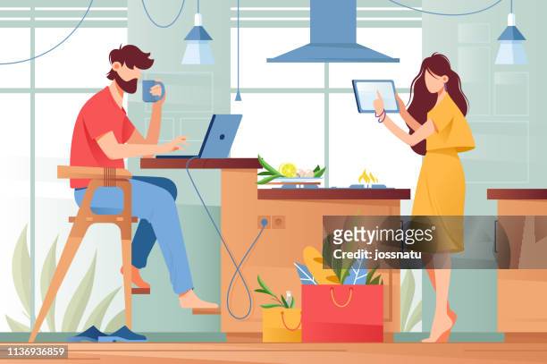 Flat young man with beard and beauty woman couple with gadgets in life.