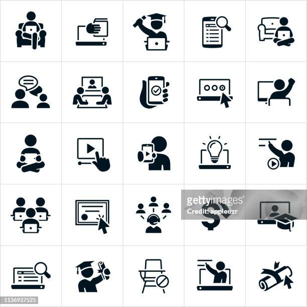 ilustraciones, imágenes clip art, dibujos animados e iconos de stock de iconos de e-learning - showing
