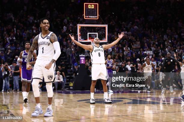 Jared Dudley of the Brooklyn Nets reacts after they came from behind to beat the Sacramento Kings at Golden 1 Center on March 19, 2019 in Sacramento,...