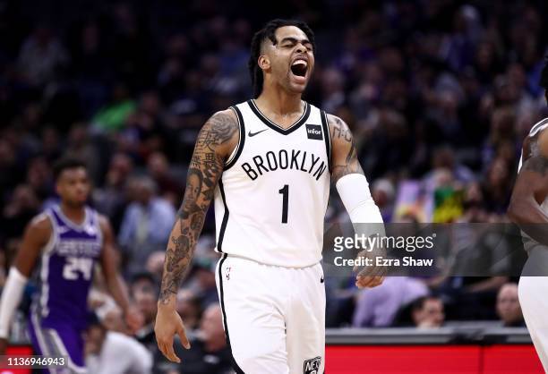 Angelo Russell of the Brooklyn Nets reacts during their game against the Sacramento Kings at Golden 1 Center on March 19, 2019 in Sacramento,...