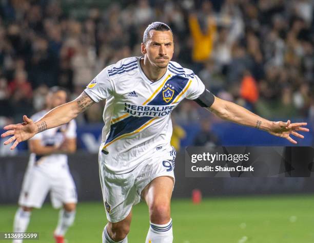 Zlatan Ibrahimovic of Los Angeles Galaxy celebrates his goal during the Los Angeles Galaxy's MLS match against Philadelphia Union at the Dignity...
