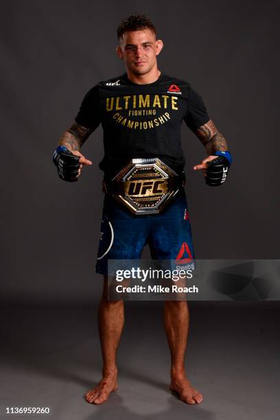 Dustin Poirier poses for a post fight portrait backstage during the UFC 236 event at State Farm Arena on April 13, 2019 in Atlanta, Georgia.