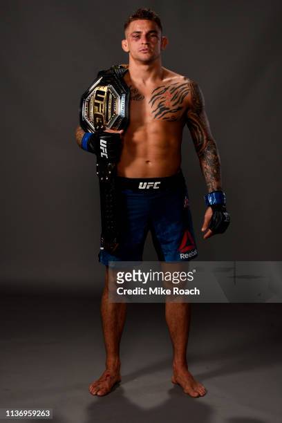 Dustin Poirier poses for a post fight portrait backstage during the UFC 236 event at State Farm Arena on April 13, 2019 in Atlanta, Georgia.