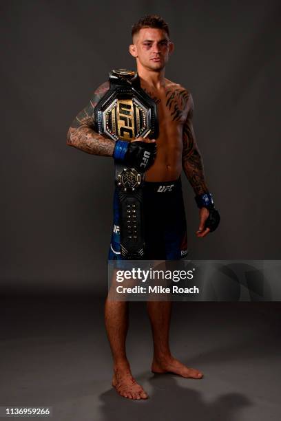 Dustin Poirier poses for a post fight portrait backstage during the UFC 236 event at State Farm Arena on April 13, 2019 in Atlanta, Georgia.