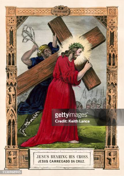jesus christ bearing his cross - stations of the cross stock illustrations