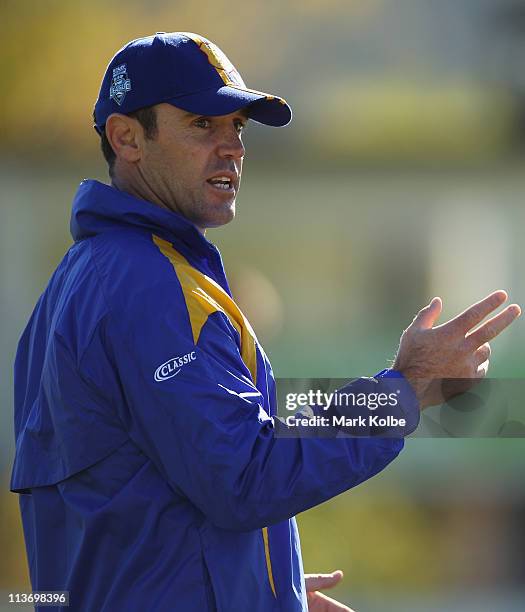 City coach Brad Fittler speaks to his players during a City Origin training session at Lavington Sports Ground on May 5, 2011 in Albury, Australia.