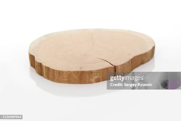 round wooden slice on a white background - wood section fotografías e imágenes de stock