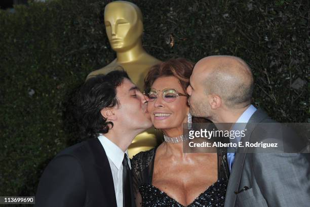 Composer Carlo Ponti, actress Sophia Loren and director Eduardo Ponti arrive to The Academy of Motion Picture Arts and Sciences' tribute to Sophia...