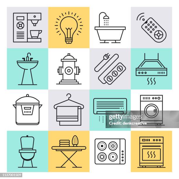 smart house & home automation outline style vector icon set - commercial dishwasher stock illustrations