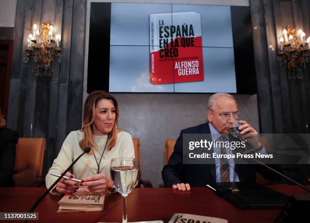 The former vice president of the Government Alfonso Guerra is seen during the presentation of his book ‘La España en la que creo’ accompanied by the...