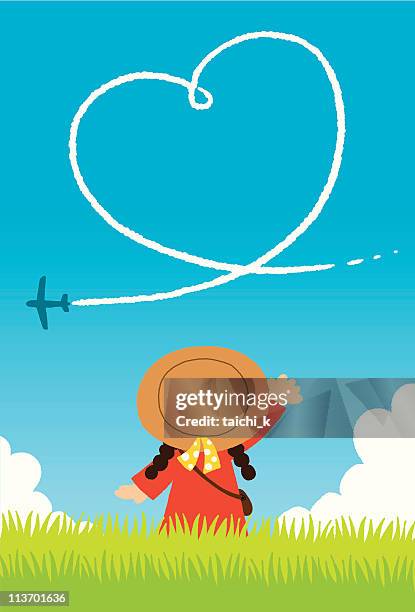 heartshaped contrail - kid looking up stock illustrations