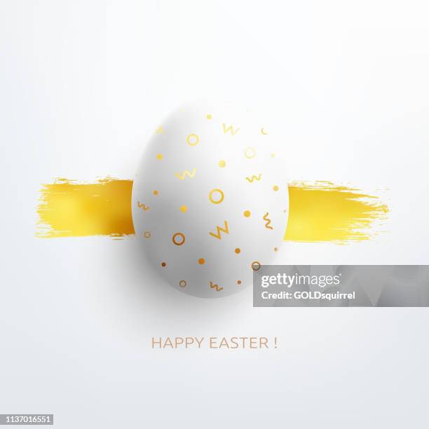 beautiful and original minimalistic easter holiday card design with white egg with gold painted pattern - object isolated on  white card with golden horizontal brush stroke and happy easter text under the egg - 3d vector illustration - easter poland stock illustrations