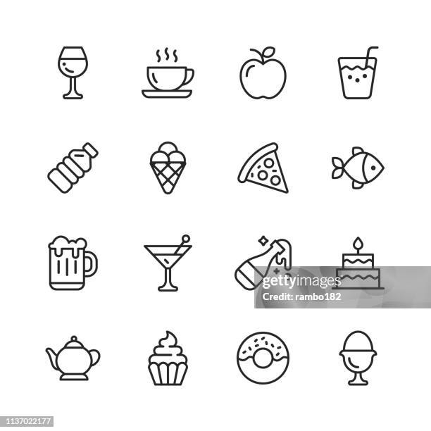 ilustrações, clipart, desenhos animados e ícones de ícones da linha do alimento e das bebidas. traçado editável. pixel perfeito. para mobile e web. contém tais ícones como comida, bebida, vegetal, vegan, carne. - mesa cafe da manha